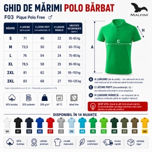Tricou Polo Bărbat Malfini F03 Pique Polo Free, Stil Tip Tommy, 65% Bumbac, 200 g/m², Guler Polo, Label Free, 14 Culori, Mărimi S–3XL - Img 4