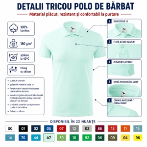 Tricou Polo Bărbat Malfini Single J. 202, 100% Bumbac, 180 g/m², Guler Polo 1:1, Finisaj cu Silicon, 22 Culori, Mărimi S–3XL - Img 3