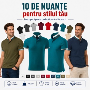 Tricou Polo Bărbați 256 Collar Up, 100% Bumbac, 215 g/m², Guler cu Contrast, 2 Nasturi, S–3XL, 10 Culori - Img 6