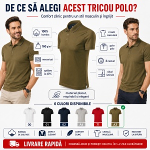 Tricou Polo Bărbați 259 Grand, 100% Bumbac Mercerizat, Guler Polo cu 3 Nasturi, S–3XL, 6 Culori - Img 2