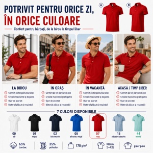 Tricou Polo Bărbați Malfini, 65% Bumbac, 35% Poliester, 170 g/m², Guler cu 3 Nasturi - Img 5