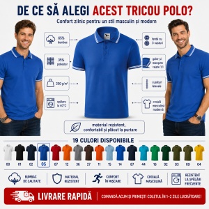 Tricou Polo Bărbați Malfini cu Dungi la Guler și Manșete, Tip Tommy, 65% Bumbac, 200 g/m², 19 Culori, Mărimi S–3XL - Img 2