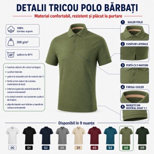 Tricou Polo Bărbați Malfini Prime GOTS 234, 100% Bumbac Organic, 200 g/m², Mărimi S 3XL, 9 Culori - Img 3