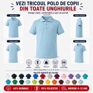 Tricou polo copii, fete și băieți, 65% bumbac, 200 g/m², mărimi 4–12 ani - Img 7