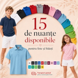 Tricou polo copii, fete și băieți, 65% bumbac, 200 g/m², mărimi 4–12 ani - Img 2