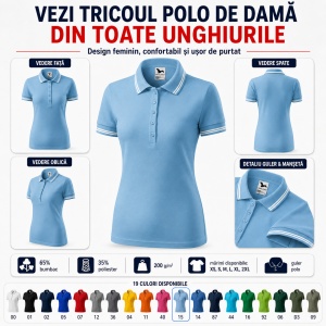 Tricou Polo Damă cu dungi la guler, bumbac 65%, marimi XS - 2XL - 19 nuanțe - Img 6