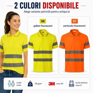 Tricou Polo Reflectorizant Unisex Damă/Bărbat HV Runway 2V9 cu Guler – Benzi 3M, 55% Bumbac - Img 10