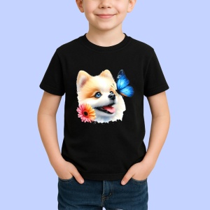 Tricou Pomeranian cu fluture albastru si floare roz adorabil si pufos Copii | Dama | Barbat Barbat - Img 6