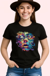 Tricou Portret psihedelic cu forma topita Copii | Dama | Barbat, culoare negru - Img 3