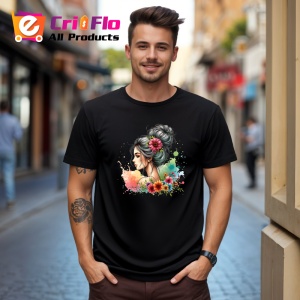 Tricou Profile girl watercolor flower blend, fata in profil cu flori acuarela, Copii | Dama | Barbat , tricou negru - Img 10