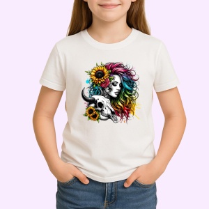 Tricou rainbow hair girl with skull, fata cu par curcubeu si craniu, Copii | Dama | Barbat - Img 3