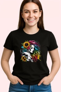 Tricou Rainbow hair girl with skull, fata cu par curcubeu si craniu, Copii | Dama | Barbat , tricou negru - Img 3
