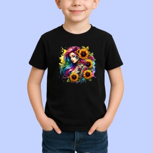 Tricou Rainbow ponytail girl sunflower look, fata cu coada curcubeu si floarea soarelui, Copii | Dama | Barbat , tricou negru - Img 2