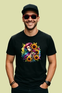 Tricou Rainbow ponytail girl sunflower look, fata cu coada curcubeu si floarea soarelui, Copii | Dama | Barbat , tricou negru - Img 3