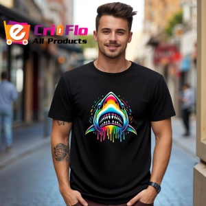 Tricou Rechin curcubeu design agresiv cu impact vizual Copii | Dama | Barbat, culoare negru - Img 6