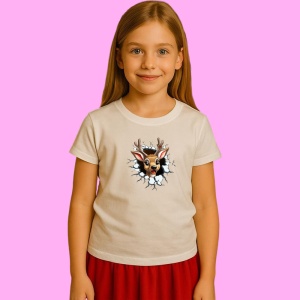 Tricou Ren Cu Cornite Mari Si Fundal Alb Craciun, din bumbac 100% Copii | Dama | Barbat - Img 2