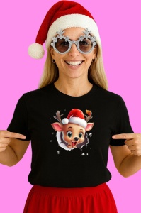 Tricou Ren Cu Cornite Si Fundal Alb Craciun, din bumbac 100% Copii | Dama | Barbat - Img 3