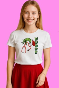 Tricou Retro Grinch Nurse Stethoscope Sublimation, din bumbac 100%, tricou alb, Copii | Dama | Barbat
