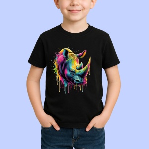 Tricou Rinocer colorat forta si protectie in arta dripping Copii | Dama | Barbat, culoare negru - Img 3