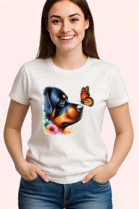 Tricou Rottweiler calm cu fluture portocaliu si flori colorate contrast vibrant Copii | Dama | Barbat Barbat - Img 3