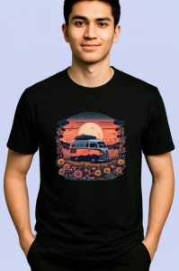 Tricou Rulota hippie cu flori si camp de floarea soarelui 2 Copii | Dama | Barbat, culoare negru - Img 2