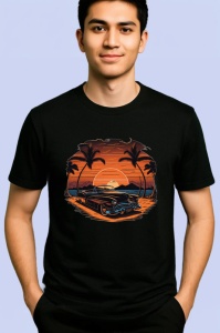 Tricou Rulota portocalie pe plaja cu palmieri si apus 2 Copii | Dama | Barbat, culoare negru - Img 2