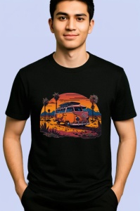 Tricou Rulota portocalie pe plaja cu palmieri si apus Copii | Dama | Barbat, culoare negru - Img 2