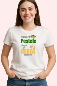 Tricou Salvez Pestele Din Apa Si Berea Din Sticla Pescuit, din bumbac 100% , tricou alb pentru Dama | Barbat - Img 2