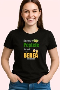 Tricou Salvez Pestele Din Apa Si Berea Din Sticla Pescuit, din bumbac 100%, tricou negru Dama | Barbat - Img 2