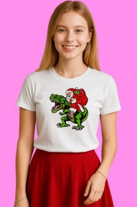 Tricou Santa Riding Dinosaur, din bumbac 100% Copii | Dama | Barbat - Img 3