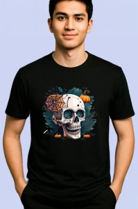Tricou Schelet cu frunze portocalii si fundal toamna Copii | Dama | Barbat, culoare negru - Img 2