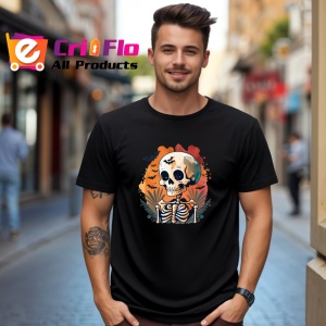 Tricou Schelet cu palarie si fundal alb stil comic Copii | Dama | Barbat, culoare negru - Img 5