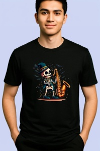 Tricou Schelet cu saxofon si costum elegant fundal alb Copii | Dama | Barbat, culoare negru - Img 2