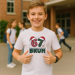 Tricou SIX SEVEN 67 Bruh Craciun Verde, din bumbac 100%, tricou alb, Copii | Dama | Barbat