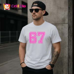 Tricou SIX SEVEN 67 Contur Roz Neon, din bumbac 100%, tricou alb, Copii | Dama | Barbat - Img 2