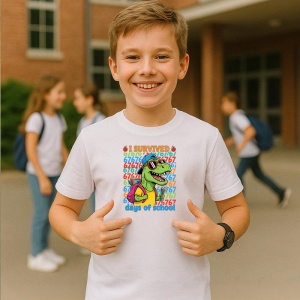 Tricou SIX SEVEN 67 Dino Scoala Vesel, din bumbac 100%, tricou alb, Copii | Dama | Barbat - Img 2