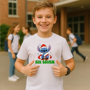Tricou SIX SEVEN 67 Personaj Animat Craciun STICH, din bumbac 100%, tricou alb, Copii | Dama | Barbat - Img 2