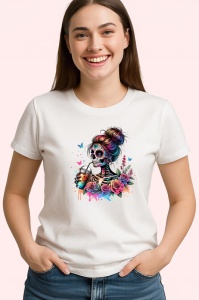 Tricou skeleton makeup flowers tattoos, fata cu machiaj schelet si flori tatuate, Copii | Dama | Barbat - Img 4