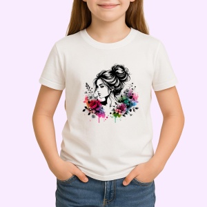 Tricou sketch woman black hair floral accent, femeie schitata par negru si accent floral, Copii | Dama | Barbat - Img 3