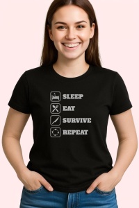 Tricou Sleep Eat Survive Repeat, din bumbac 100%, tricou negru, Dama | Barbat