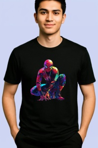 Tricou Spiderman desen colorat pozitie ghemuit fundal alb Copii | Dama | Barbat, culoare negru - Img 2