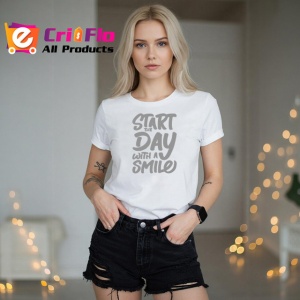 Tricou Start The Day With A Smile Text Bold Negru, din bumbac 100% , tricou alb pentru Copii | Dama | Barbat - Img 7