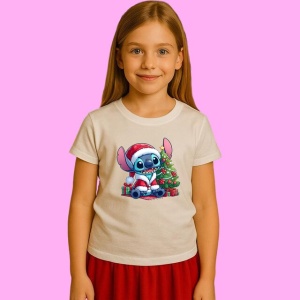 Tricou Stitch Christmas Cu Brad Si Globuri, din bumbac 100%, tricou alb, Copii | Dama | Barbat