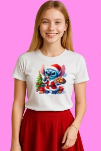 Tricou Stitch Cu Fursecuri Langa Brad De Craciun, din bumbac 100%, tricou alb, Copii | Dama | Barbat - Img 3