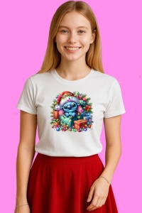 Tricou Stitch In Coronita Cu Cadouri Colorate, din bumbac 100%, tricou alb, Copii | Dama | Barbat