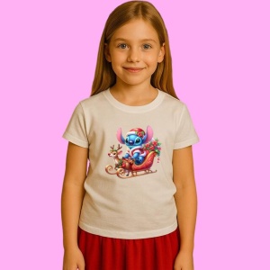 Tricou Stitch Pe Sanie Cu Ren Si Cadouri, din bumbac 100%, tricou alb, Copii | Dama | Barbat