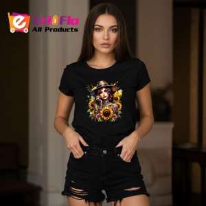 Tricou Sunflower bouquet girl hat, fata cu palarie si buchet de floarea soarelui, Copii | Dama | Barbat , tricou negru - Img 7