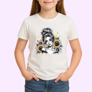 Tricou sunflower shoulder girl sketch style, fata cu floarea soarelui pe umar stil schita, Copii | Dama | Barbat - Img 3