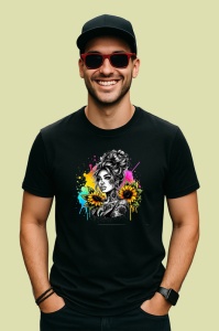 Tricou Sunflower tattoo sketch bun girl, fata coc cu schita si tatuaj floarea soarelui, Copii | Dama | Barbat , tricou negru - Img 4