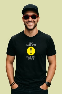 Tricou Sunt Incepator Beau Mai Incet Semn Exclamare Galben, din bumbac 100%, tricou negru Dama | Barbat